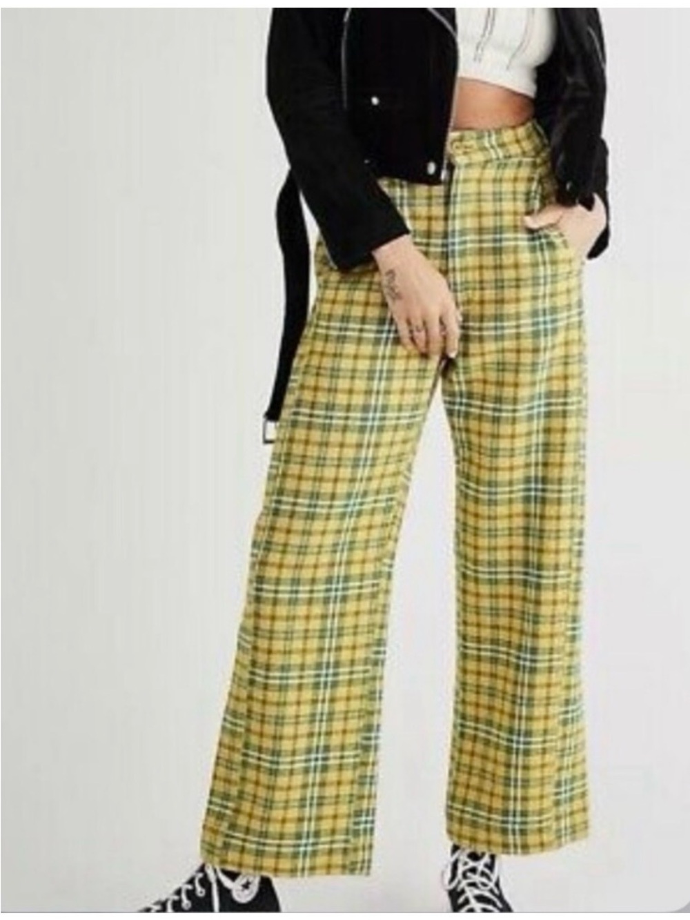 Free People Shape Up Plaid Trousers Yellow & Green Wide-Leg Pants - Picture 2 of 5